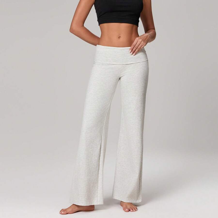 Womens Flare Leggings Fold Over Yoga Pants Y2K Low Rise Wide Leg Sweatpants Bell Bottom Buttery Soft Leggings - 灰色 - 查看 1