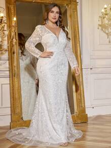 UNITHORSE Plus Size Women V-Neck Long Sleeve Mesh Patchwork Embroidery Mermaid Hem Dress, White Bridal Party Bridesmaid Dress, Wedding Dress