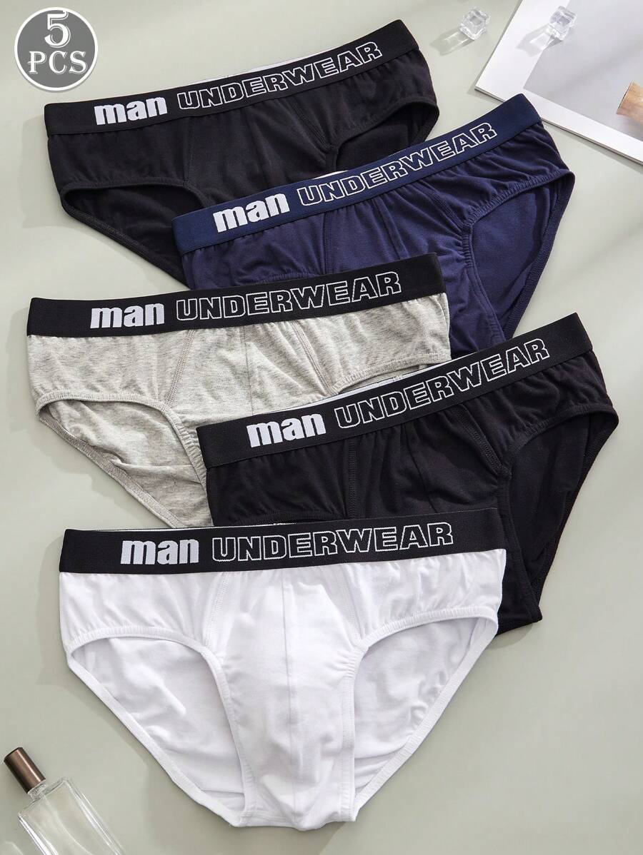 5 Packs Men's Multicolor Cotton Waistband Monogrammed Briefs Contrasting Monogrammed Waistband Men's Trousers - Multicolor - View 1