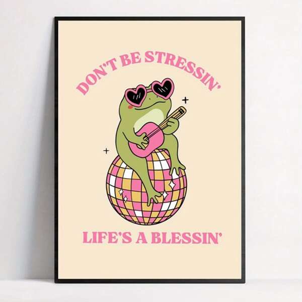 Frog On Disco Ball Canvas Art Print, Modern Retro Art Deco Posters Optional Frame, Cartoon Animal Theme Wall Decor, Ink Illustration Wall Hanging Decor, For Living Room, Bedroom, Home Office, Bathroom, Kitchen, Indoor/Outdoor Use, Spring & Winter Seasonal