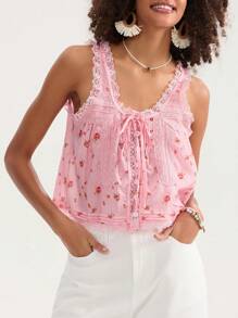 Women Lace Trim Vest Tank Tops Y2K Fairy Sleeveless Tie Button Front Sheer Mesh Crop Tops Summer Going Out Tops Cute Loose Fit Cami Shirt  Aesthetic Clothes - 彩色 - 查看 6
