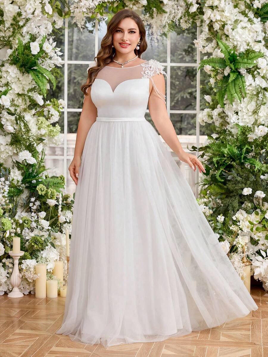 UNITHORSE V-Neck Shoulder Floral Decor Luxurious Pearl Splicing Waist Fitted Elegant Wedding Dress Gown