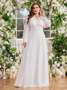 Elasola Đầm cưới nhẹ, thanh lịch, cổ chữ V, tay phồng, phối ren, ôm eo, tôn dáng, thích hợp cho đám cưới. - trắng - Xem 4