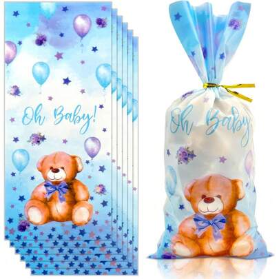 50 件蓝色泰迪熊“OH BABY”礼品袋，配金色扭结，适合性别揭晓、迎婴派对、生日派对、婴儿洗澡派对、泰迪熊主题派对礼物、迎婴派对装饰、儿童派对礼物