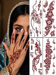 8pcs/Set Brown/Red/Chestnut Full Hand Floral Tattoo Stickers, Sexy Fingertip Finger Henna Nail Art Stickers, Waterproof Temporary Tattoo Stickers For Women, Wedding & Party - Red - View 4