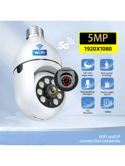 1pc 8MP/5MP 1080P HD WiFi Bulb Camera, Dual 2.4G+5G/2.4G Selectable, 355° Horizontal 90° Vertical Rotation, Video, Motion Detection, Two Way Audio, Network PTZ Camera System, Home Security Monitoring (Cloud Storage TF Card Require Separate Purchase)