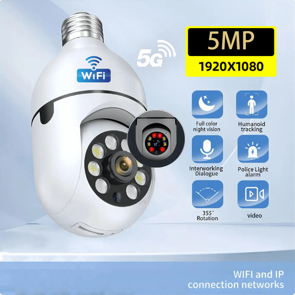 1pc 8MP/5MP 1080P HD WiFi Bulb Camera, Dual Band 2.4G+5G/2.4G WiFi Selectable, 355° Horizontal & 90° Vertical Rotation, HD Video, Motion Detection, Two-Way Audio, Network PTZ Camera System, Suitable For Home Security Monitoring (Cloud Storage And TF Card Require Separate Purchase)