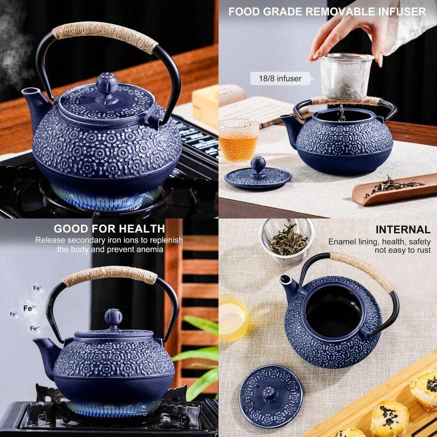 PARACITY Cast Iron Teapot | 30.5 OZ Tea Kettle | Stovetop Compatible | Fashionable Essential | Tea Brewing Set With Infuser | Stylish Gift For Mom | Classic Blue - Blue1 - View 1