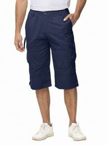 KEFITEVD Hombre Algodón Senderismo Capri Shorts Casual Street 3/4 Largo Verano Cargo Cropped Pants Ligero Debajo Rodilla Corto Pantalones Con 7 Bolsillos, Azul Marino