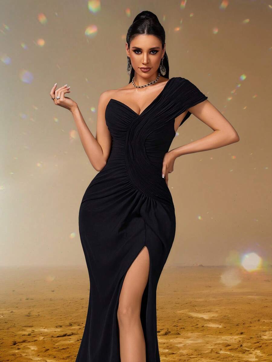 Smilprince Elegante vestido de noche con corte asimétrico en el cuello, ceñido al Body y abertura alta, vestido de fiesta formal con pliegues asimétricos, vestido de graduación para mujeres, vestido de noche formal, vestido de fiesta, vestido para invitada de boda - Negro - Ver 1