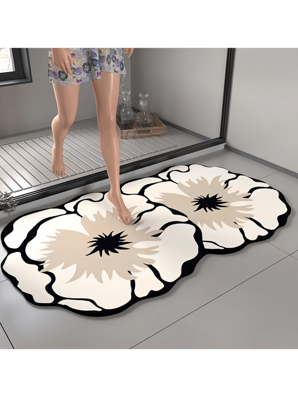 Confort quotidien, tapis de bain en terre de diatomées à motif floral antidérapant - super absorbant, séchage rapide, tapis de douche doux avec une forte adhérence, facile à nettoyer. Tapis de sol décoratif noir et crème pour la salle de bain. Tapis de bain | Tapis à motif floral | Terre de diatomées douce. Tapis de bain, tapis de sol, décoration de la salle de bain, accessoires de salle de bain, rentrée des classes