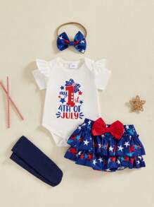 Baby Girl 4th Of July Outfits Letter Romper+Tutu Bloomer Shorts+Stocking+Headband Infant Newborn First 4th Of July Outfit - Màu xanh lam - Xem 4