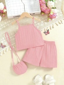 1 Set Girls Solid Wave Layered Hem Camisole + Shorts, With Crossbody Bag, Suit For Casual, Outdoor, Vacation, Summer