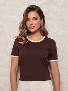 T-Shirt Blouse Women's T-Shirt Monochrome 100% Cotton Fabric, Rainbow, New Version - 巧克力棕色配米白 - 查看 4