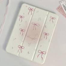 1pc Beautiful Pink Flower Bow Reversible Print 720 Rotating Acrylic Transparent Crystal Clear Protective Case With Pen Slot, Compatible With IPad & , Supports Sleep/Wake Function - Multicolor - View 3