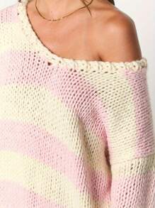 Women's Loose One-Shoulder Long-Sleeved Off-Shoulder Sweater Striped Knit Color Casual Pullover - Hồng - Xem 9