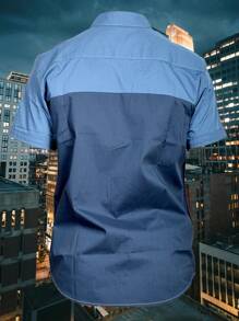 Mens Short Sleeve Two Tone Color Block Casual Button-Down Shirt Office School - Blue - View 2