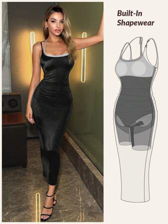 CurvySweet Bodycon Halter Neck Ruched Midi Dress With Built-In Bra And Shapewear For Daily Wear Office Dating, Party Dress, Wedding Guest Dress, Prom Dress
