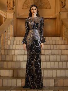 Black Long Elegant Luxury Sequin Dress, Modest