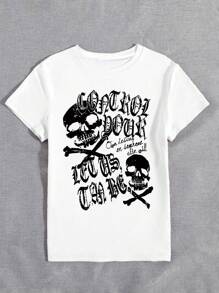 Camiseta de manga corta estilo vintage punk rock, estampado de calavera y huesos, prenda de calle americana de los años 2000 (Y2K) para primavera y verano