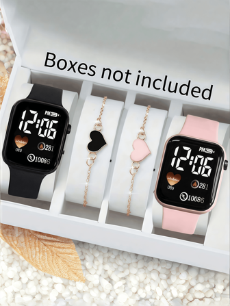 4pcs Set Gift For Girls: 2pcs Cartoon Heart & Square Dial Watches, 2pcs Bracelets, Valentine's/Christmas/Graduation Gift For School Valentines