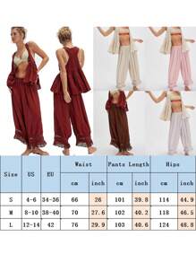 Women's Cropped Pants Casual Thin Stylish Solid Lace Trim Loose Fit Wide Leg Loose Trousers - Apricot - View 2