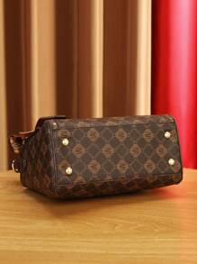 女士时尚包袋套装 - 优雅几何印花、仿皮托特包、斜挎包和手拿包 - 咖啡 - 查看 4