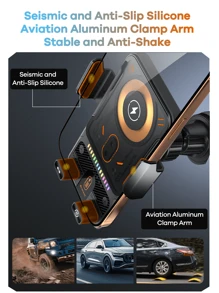 Newest Phone Holder For Car, With Wireless Charger, Music Light Effect, One-Click Open/Close And Rotation 90°, Seismic And Anti-Slip Silicon, Wireless Charging Stand, Gift For Driver, Workout, Travel