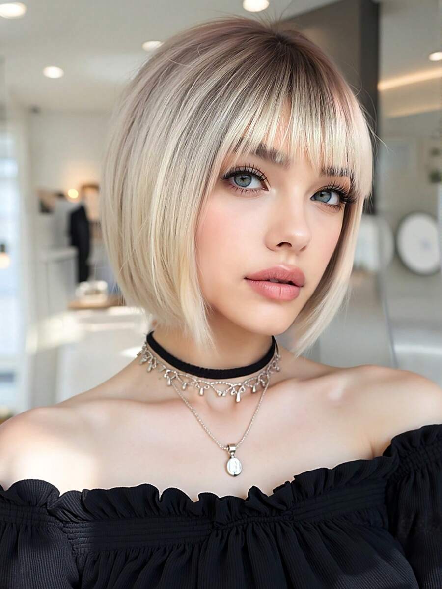 Stylish Women's Wig 10-Inch Gradient White Gold Short Straight Bob Wig With Bangs Stylish Elegant Women's Wig Perfect For Holiday Travel Family Gatherings Everyday Wear