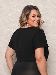 ONLYONE - WOMEN'S SHORT SLEEVE PRINCESS PLUS SIZE BLOUSE WITH LIGHT DUNES NECKLINE DETAIL - WOMEN'S BLOUSES - 黑色 - 查看 3