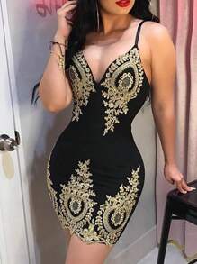 Female Sexy Voluptuary V-Neck Sheath Dress, Empire Waist Print Sleeveless Club Dress Party Cocktail Evening Miniskirt - 黑色 - 查看 2