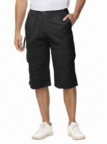 Hombre Algodón Senderismo Capri Shorts Casual Street 3/4 Largo Verano Cargo Cropped Pants Ligero Debajo Rodilla Corto Pantalones Con 7 Bolsillos, Negro