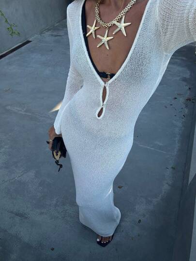 女式性感加大码 V 领修身长款镂空假日海滩风格袖罩衫纯色露背褶皱腰身紧身纽扣前部简约日常罩衫连衣裙（不含比基尼），海滩度假性感钩针透明长款波西米亚风优雅飘逸系带袖镂空休闲网眼连衣裙，春夏秋季