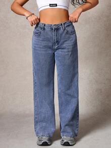 Jeans casuales de mezclilla de pierna recta y holgada con bolsillos para mujer