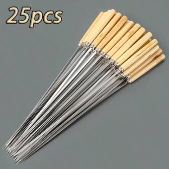 25pcs Wooden Handle Anti-Scalding Barbecue Skewers Can Be Reused 304 Stainless Steel Metal Barbecue Skewers Wide Skewers