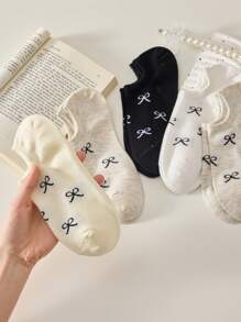 5 pares de calcetines tipo barco simples con lazo dulce para mujer, calcetines invisibles adecuados para primavera y verano