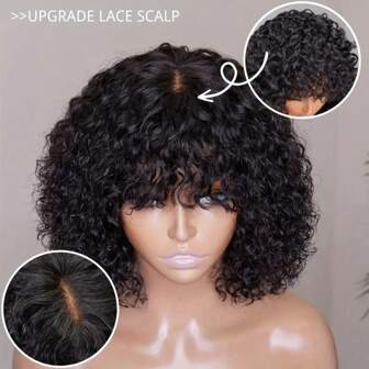 2x1 Lace Frontal Wigs Human Hair Glueless Kinky Curly Bob Wigs Short Bob Curly Wigs With Bangs 150% Density Middle Part Human Hair Wigs Kinky Curly Bob Wigs For Women