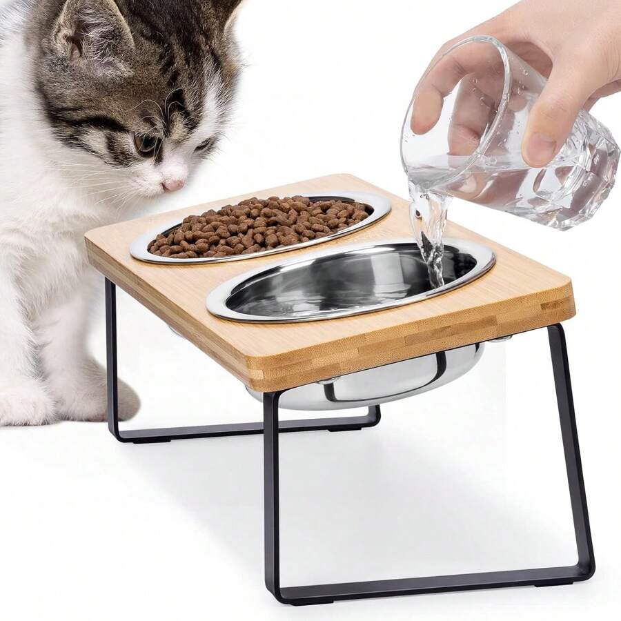 Elevated Cat Bowls For Food And Water - Loplurea 15° Tilted Raised Stainless Steel Cat Food Bowl With Bamboo Stand And Anti Vomit Feeding Station - Multicolor - View 1