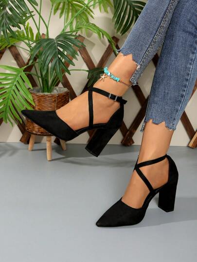 Zapatos de tacón alto de punta para mujer, nueva colección primavera/verano 2025, sandalias versátiles de tacón grueso de punta cerrada con cordones, zapatos Mary Jane elegantes de correa cruzada, versión coreana