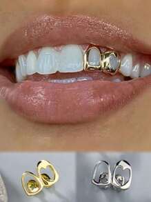 1pc Gold Plated Hollow Heart Shaped Double Tooth Grillz, Hiphop Style Jewelry For Men & Women, Suitable For Wearing Or Gift