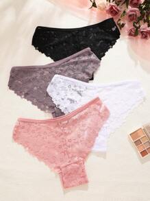 4pcs Women Multicolor Floral Lace Soft & Comfortable Scalloped Trim Low Waist Sexy Thong - Multicolor - View 3