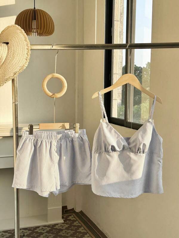 2pcs Set: Striped V-Neck Ruffle Bow Decoration Casual Loose Camisole & Low Waist Button Straight Loose Shorts, Minimalist Sweet Homewear For Women, Spring/Summer