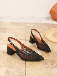 女士尖头编织网眼穆勒拖鞋，时尚露背高跟便鞋 - 黑色 - 查看 7