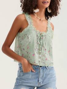 Women Lace Trim Vest Tank Tops Y2K Fairy Sleeveless Tie Button Front Sheer Mesh Crop Tops Summer Going Out Tops Cute Loose Fit Cami Shirt  Aesthetic Clothes - 綠色 - 查看 5