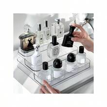 3-Tier Tempered Acrylic Cosmetic Organizer - Vanity Display Shelf With Trapezoid Design For Lipstick/Brushes/Skincare | Multi-Angle Visibility Bathroom Countertop Storage | Dustproof Makeup Display Case - Multicolor - View 3