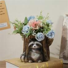 浣熊树桩花盆，可爱动物种植多肉植物花盆，有趣的雕像户外地面装饰，森林风格的异想天开的花园装饰 - 彩色 - 查看 3