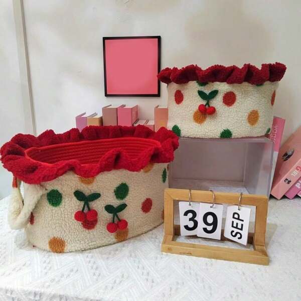 1pc Cute Oval-Shaped Desktop Organizer Basket With Cherry Blossom Edge, Home Use Decoration & Storage