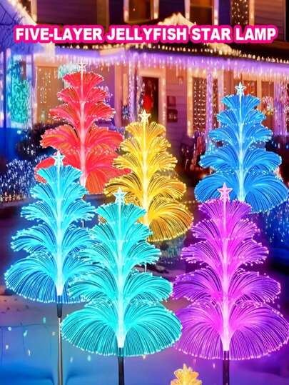 1/2/4PCS Solar Five-Layered Jellyfish Star Light Christmas Tree Light Garden Lawn Ground Insert Decorative Light Courtyard Festival Atmosphere Party, Outdoor Garden Lighting For Pathway, Yard, Patio