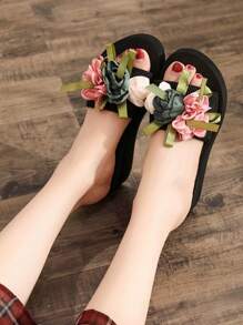 New Design Flower Decor Slide Sandals For Women, Summer Strap Chunky Heel Fashion Outdoor Slippers, Non-Slip Beach Vacation Sandals, House Slippers