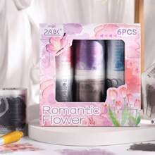 6pcs Romantic Floral Washi Tape Set, English Text And Butterfly Design, For DIY Scrapbooking, Office Supplies